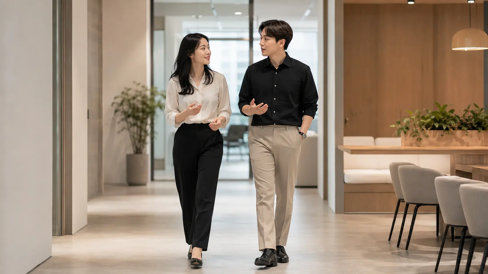 사무실을 걸으며 자연스럽게 이야기를 나누는 동료들